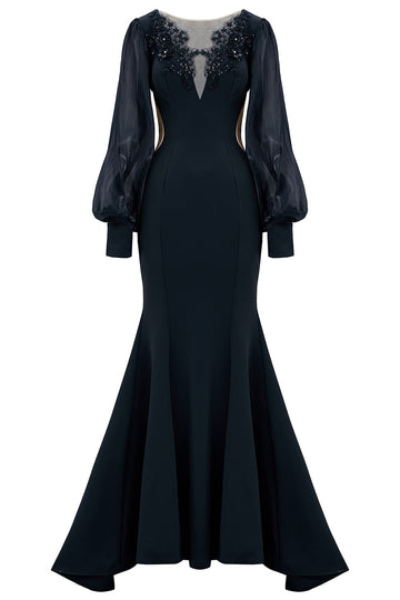 Black Mermaid Long Sleeve Mother of the Bride Dress with Appliques
